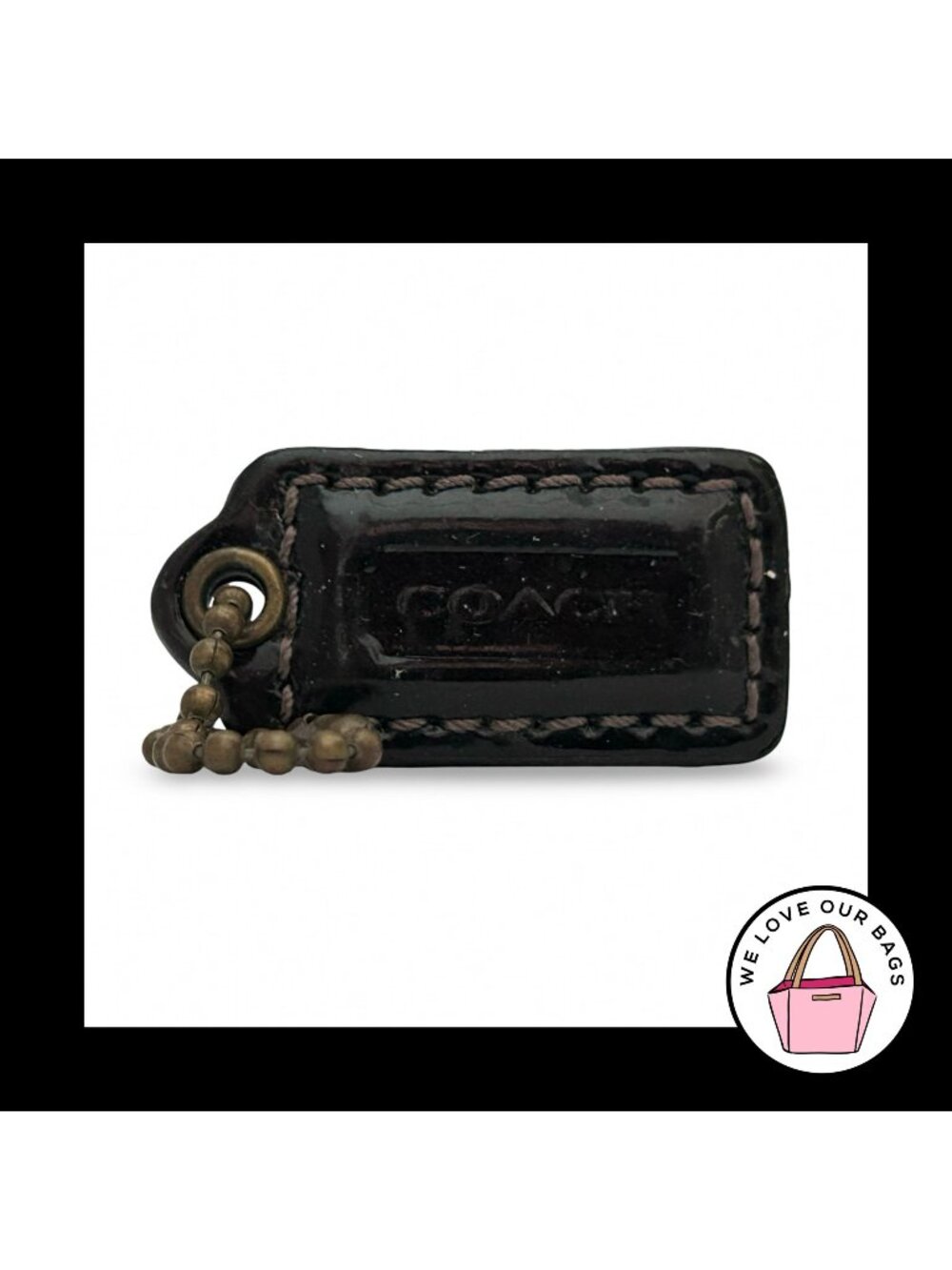 COACH HANG TAG 1.5" Brown Patent Leather Antique Brass Bag Charm Keychain Fob
